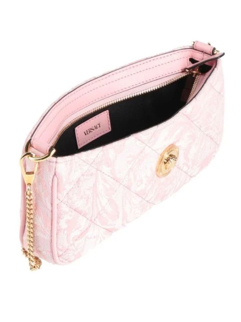 NWT Versace Quilted Pink Jacquard Shoulder Bag With Gold Chain